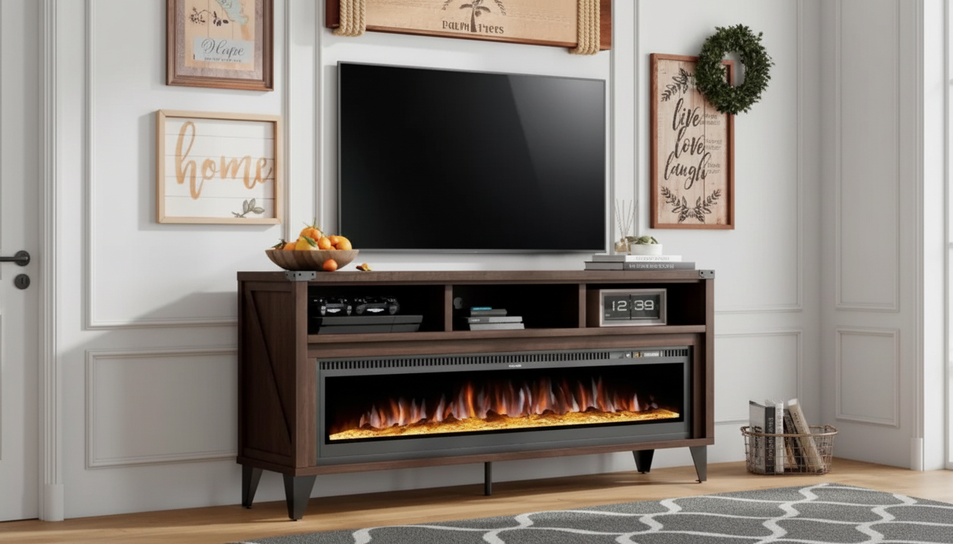 Farmhouse TV Stand with 60" Electric Fireplace Insert
